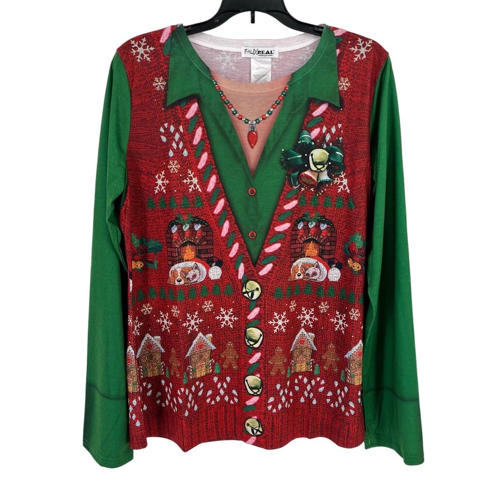 Faux Real Gingerbread Dog Cat Photo Ugly Christmas Print Shirt Womens Sz Large